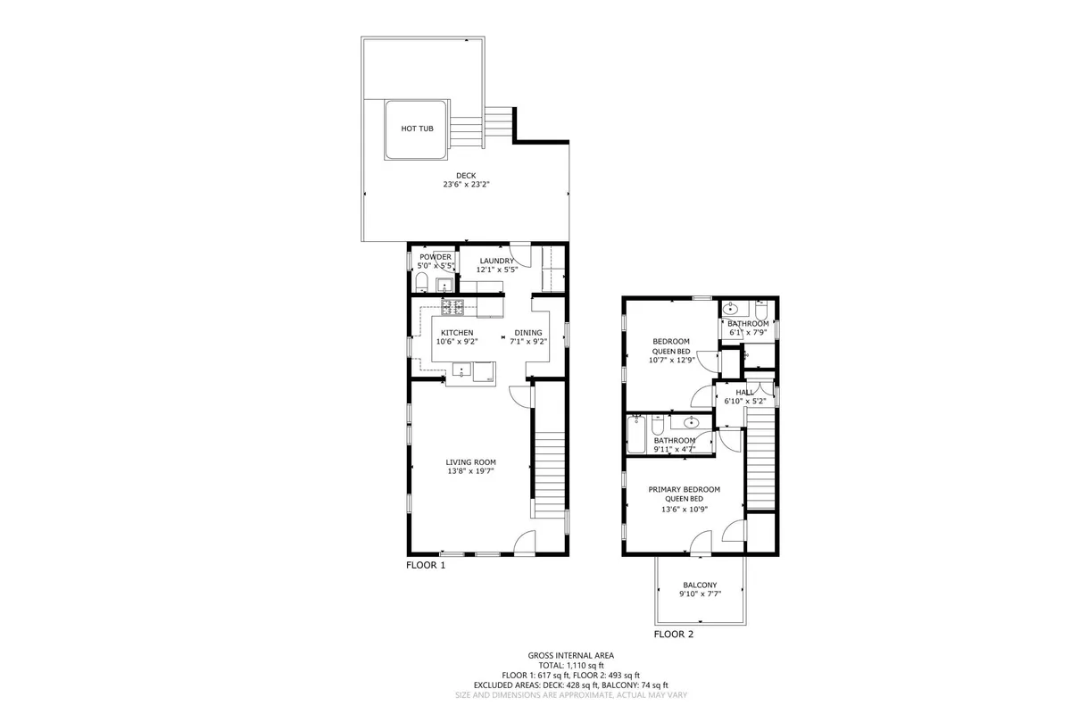 This image showcases an inviting open-plan interior with a view out onto a deck featuring a private hot tub and balcony space. The scene suggests seamless indoor-outdoor living, with the kitchen and living area leading directly to outdoor relaxation amenities—a central feature of the 'resort-style' experience described in the section.